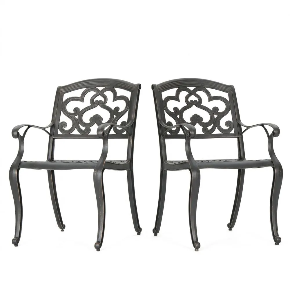 Conjunto de dos sillas de jardín negras, fabricadas en aluminio prensado.