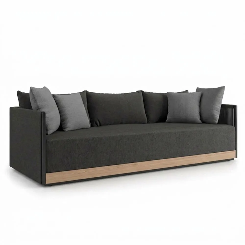 Sofá de tela de poliéster gris carbón con cojines de asiento extraíbles.