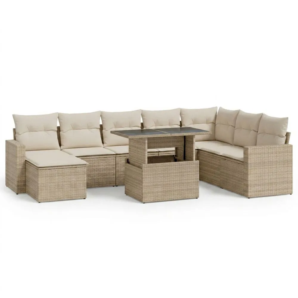 Conjunto de muebles de jardín de ratán sintético beige con tablero de mesa ajustable.