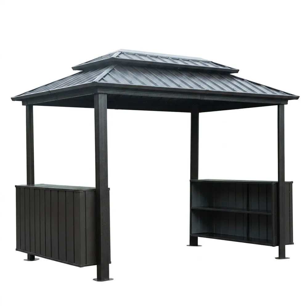 Pérgola de acero galvanizado gris, con estantes y doble techo.