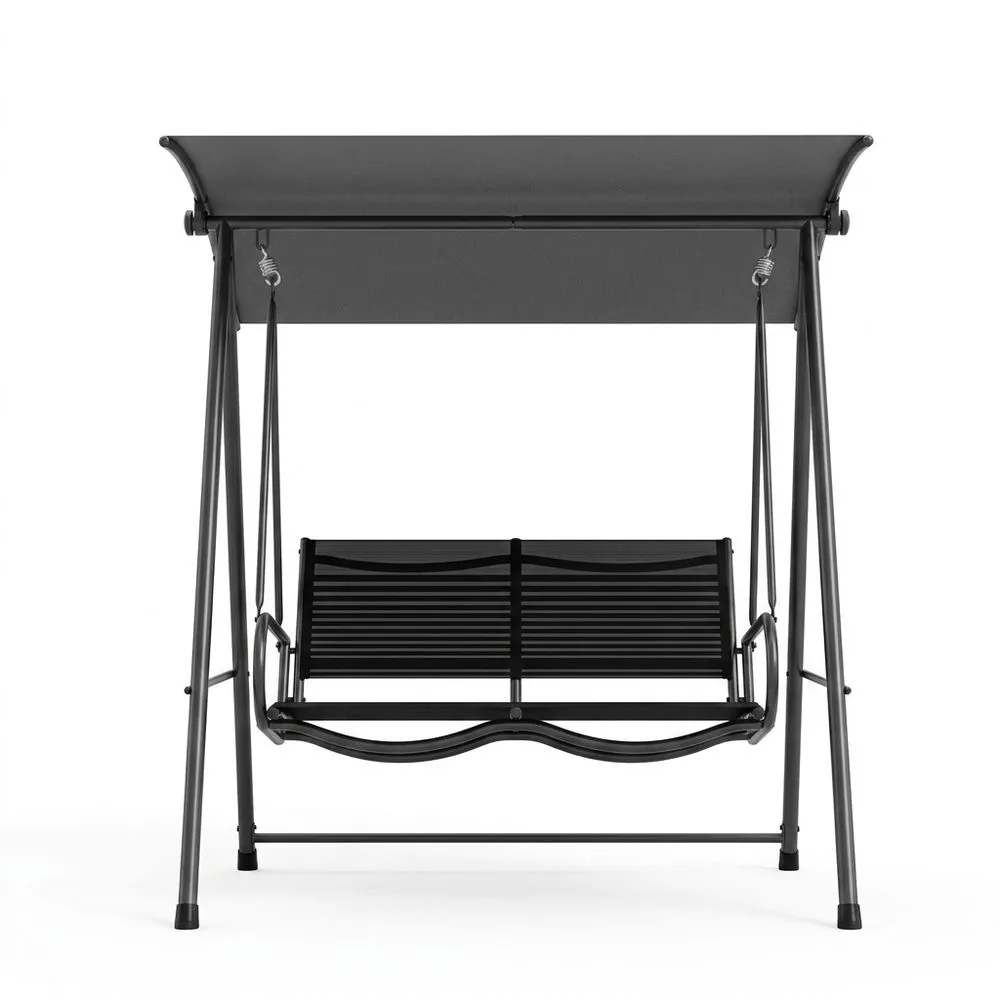 Columpio de jardín de acero negro y tela Teslin con toldo ajustable.
