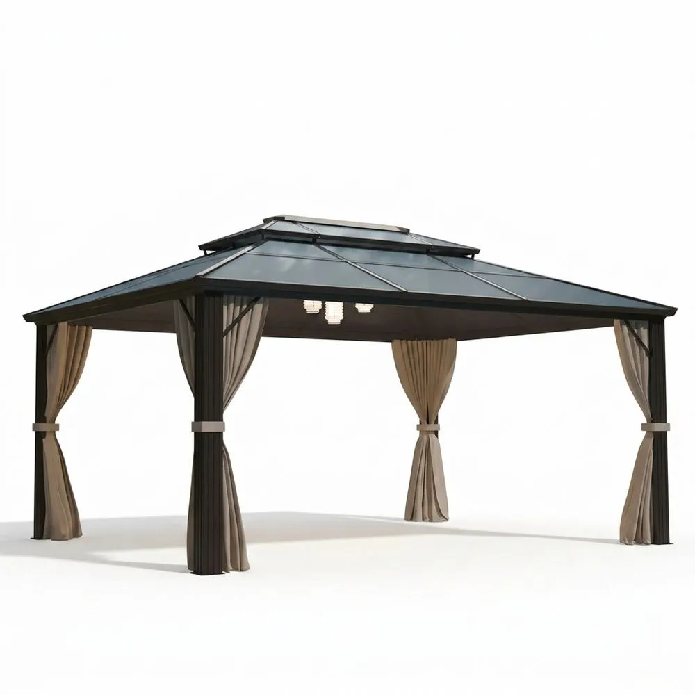 Un cenador de aluminio y policarbonato, con una tienda de campaña.