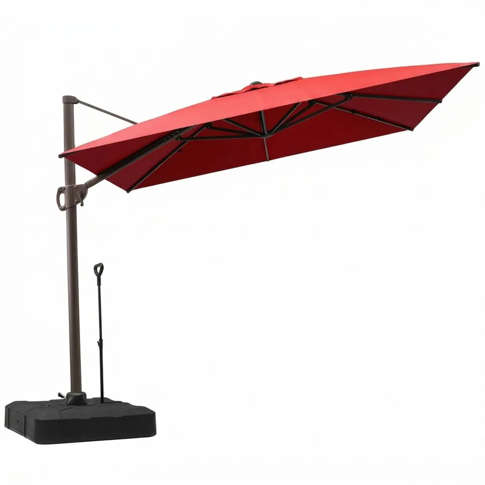 Un paraguas rojo de poliéster con apertura lateral y armazón ajustable de aleación de aluminio.