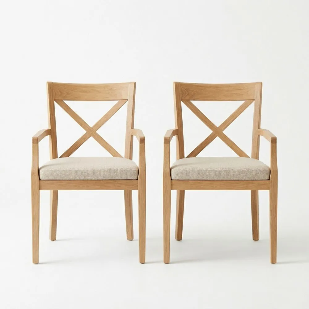 Juego de 2 sillas de comedor de roble con asiento de tela de poliéster beige