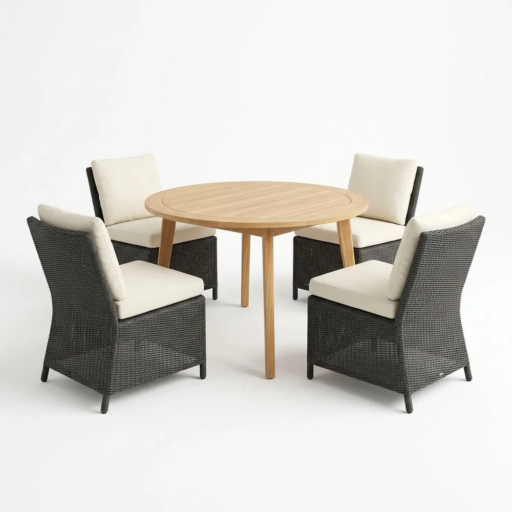 Conjunto de mesa redonda de madera de teca y sillas de ratán sintético