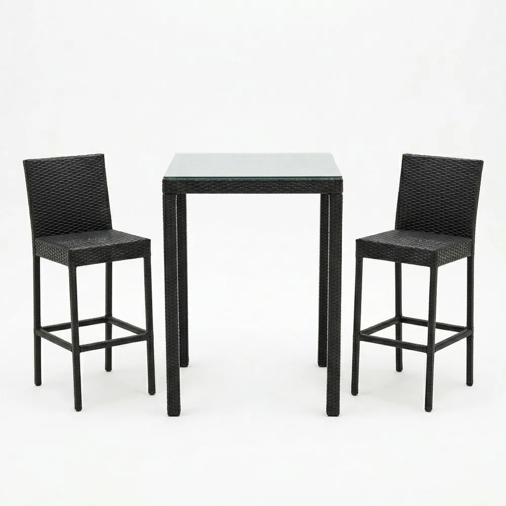 Conjunto de Mesa Alta y Taburetes de Ratán Sintético Negro con Tapa de Vidrio Templado