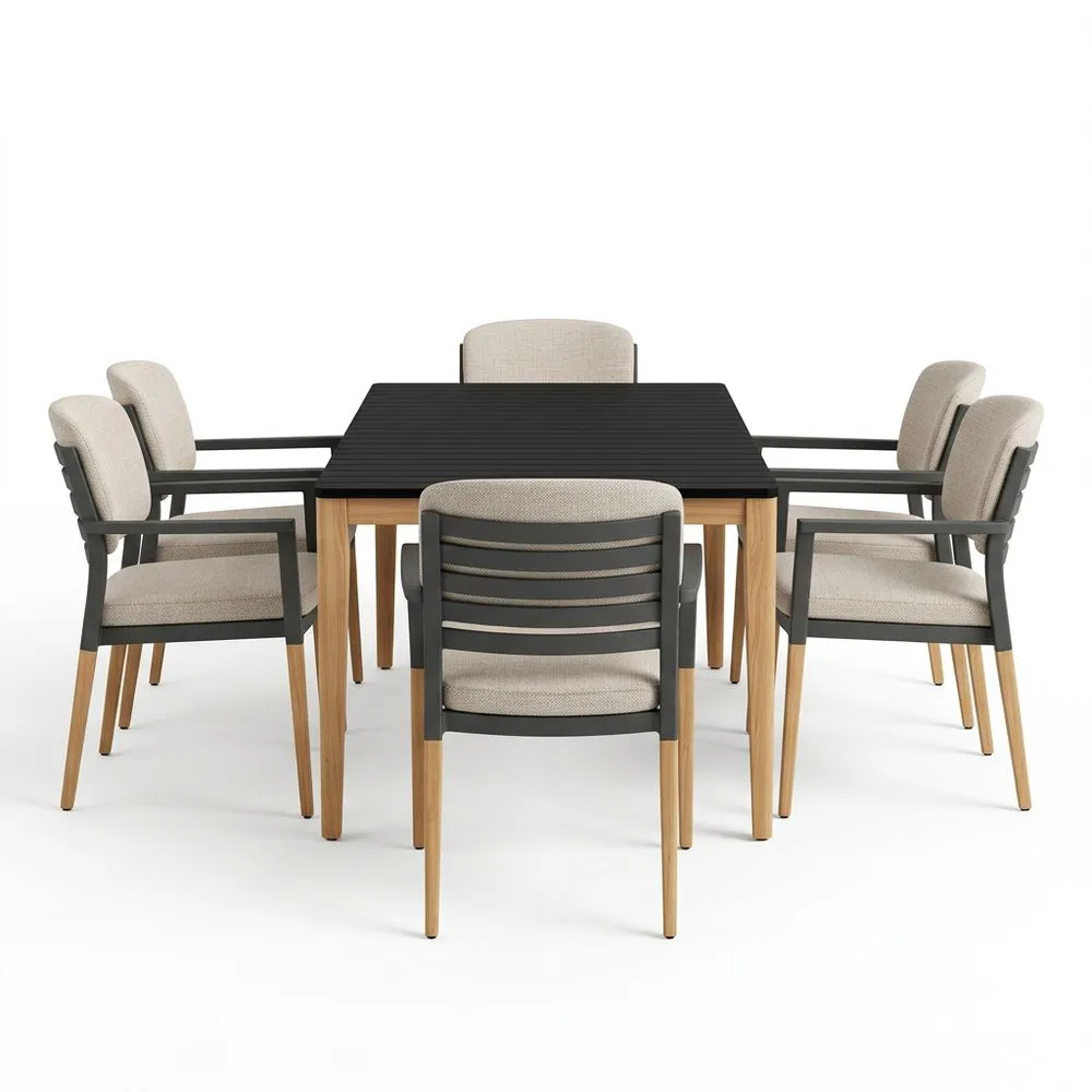 Juego de comedor exterior de mesa rectangular de aluminio negro y sillas de madera sólida beige