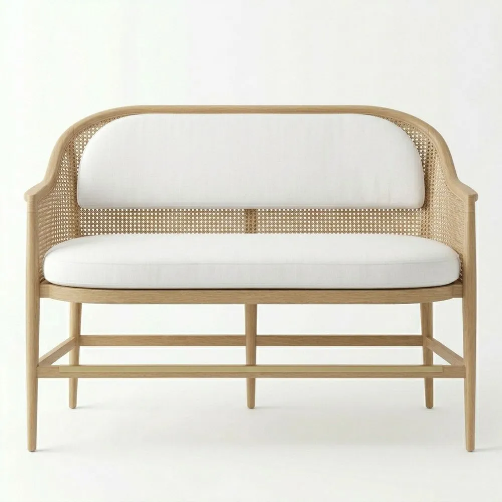 Banco de madera de roble y ratán con cojines de lino