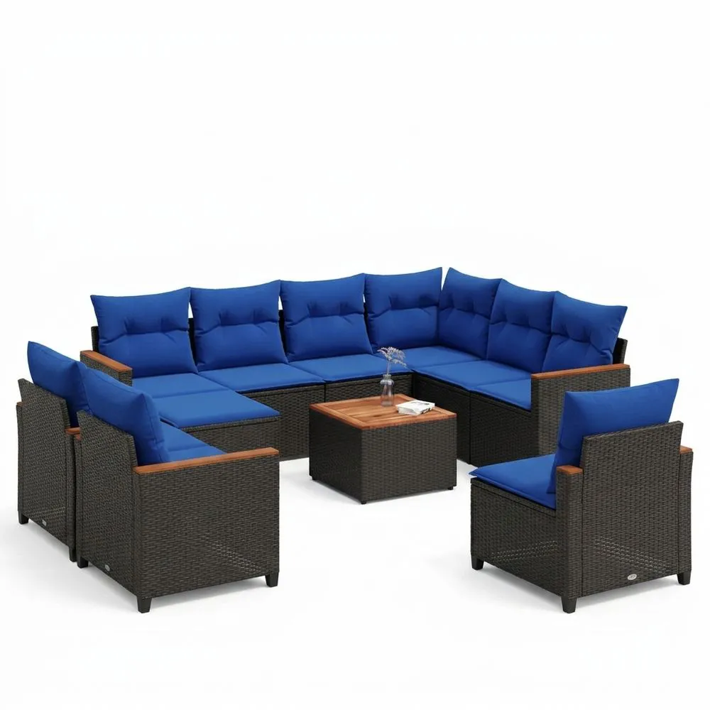 Conjunto de Sofás de Ratán Sintético Azul para Exterior con Mesa de Madera