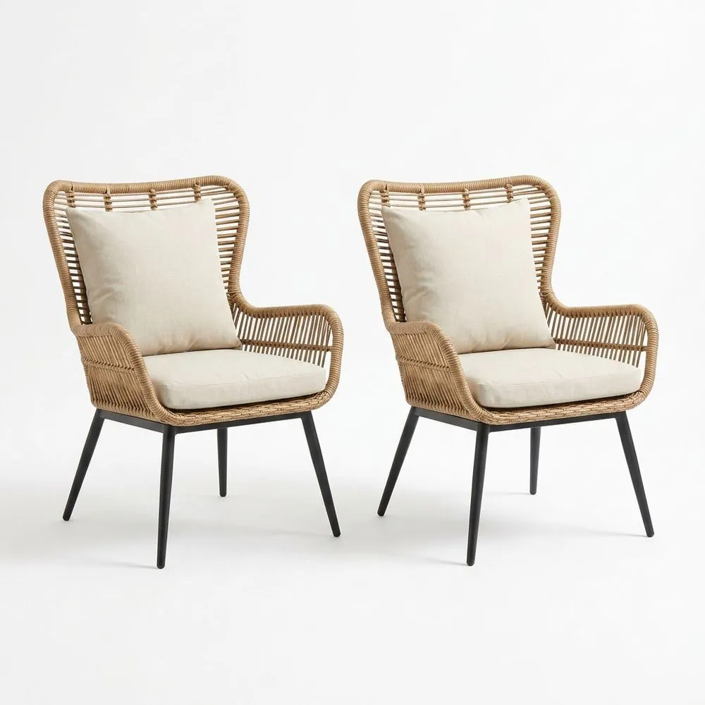 Conjunto de 2 Sillas de Exterior de Ratán Sintético y Aluminio, Beige