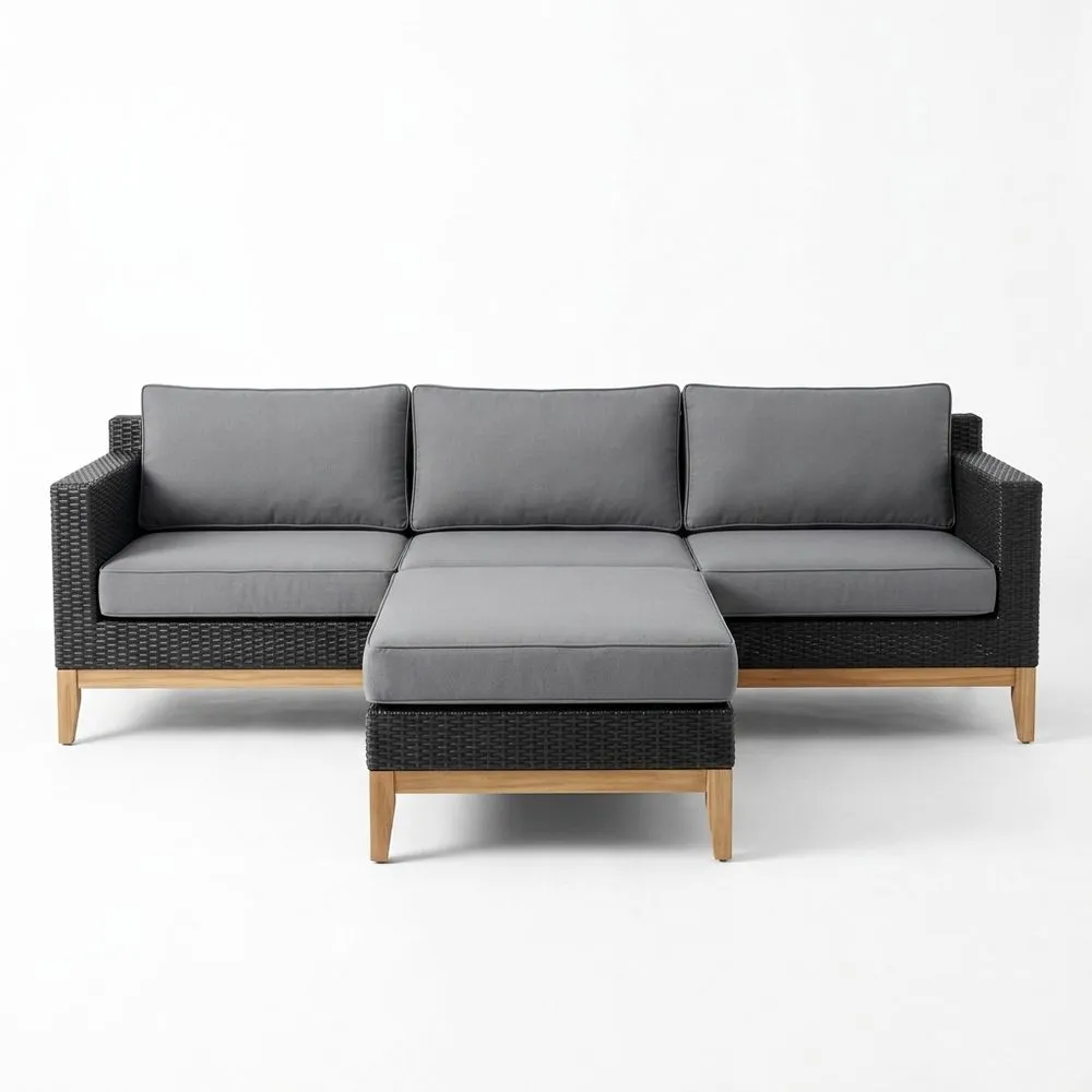 Sofá Esquinero para Exterior de Ratán Sintético con Cojines de Tela Gris
