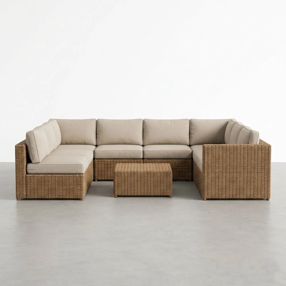 Conjunto de Sofá Modular de Ratán Sintético con Cojines Beige