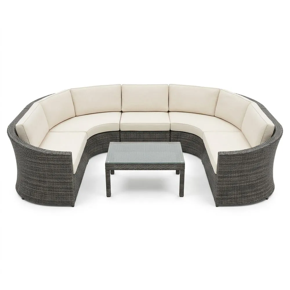 Conjunto de Sofá de Jardín en Ratán Sintético Gris con Cojines Crema y Mesa de Vidrio