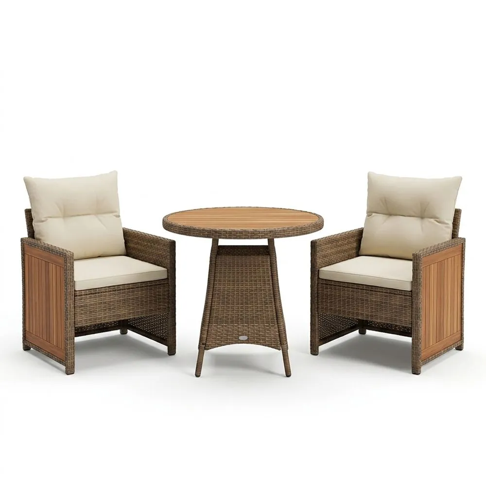 Conjunto de Muebles de Jardín de Ratán de Polietileno y Madera Sólida Beige con Cojines