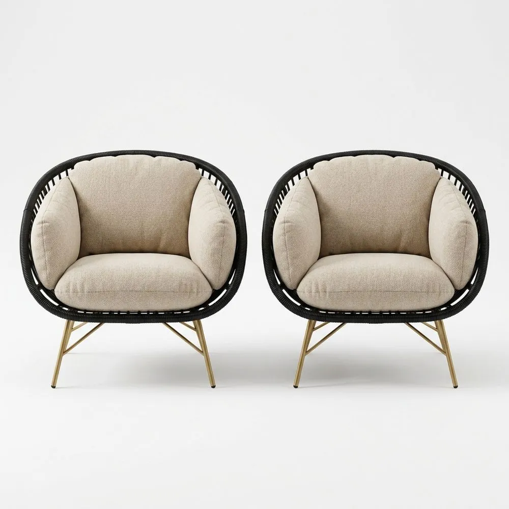 Juego de 2 sillones de ratán sintético negro y tela beige con patas de acero doradas