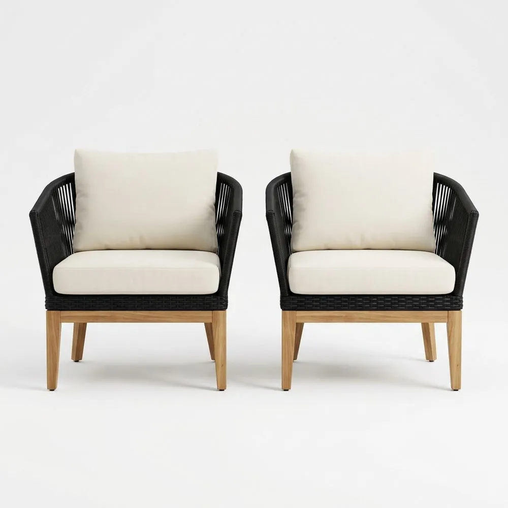 Juego de 2 sillones de cuerda sintética y teca con cojines beige