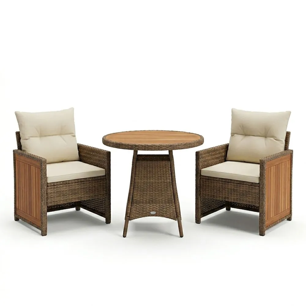 Juego de muebles de exterior de ratán sintético y madera sólida con cojines crema