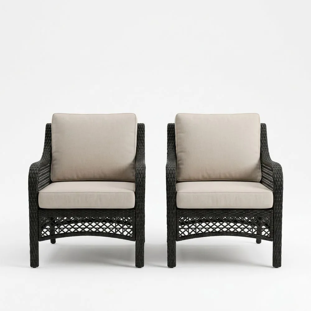 Set de 2 Sillones de Ratán Sintético Negro con Cojines Beige