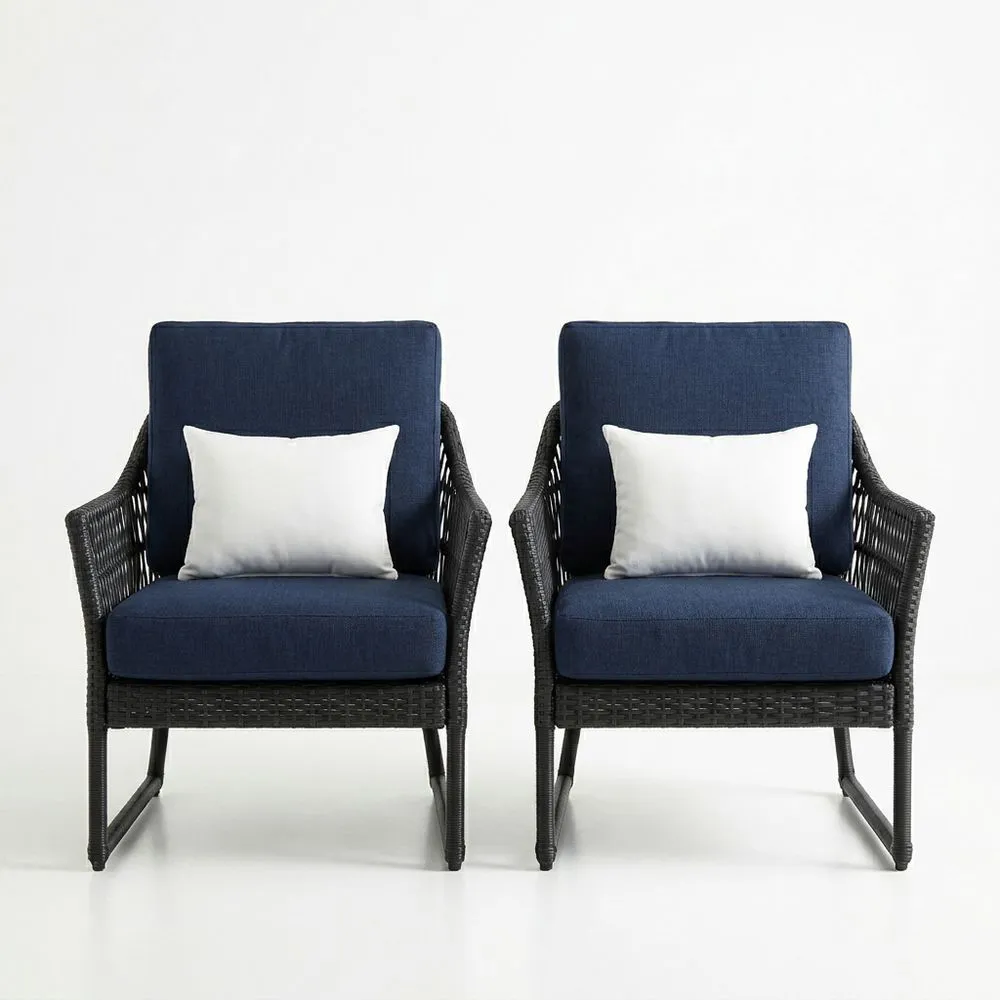 Juego de 2 sillas de ratán sintético con cojines azul