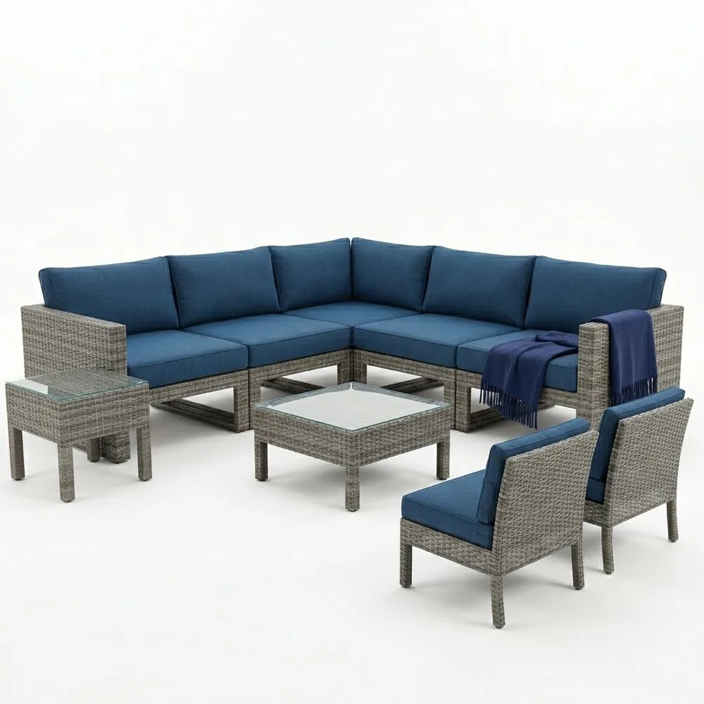 Conjunto de Muebles Esquinero de Ratán Sintético Azul para Exteriores