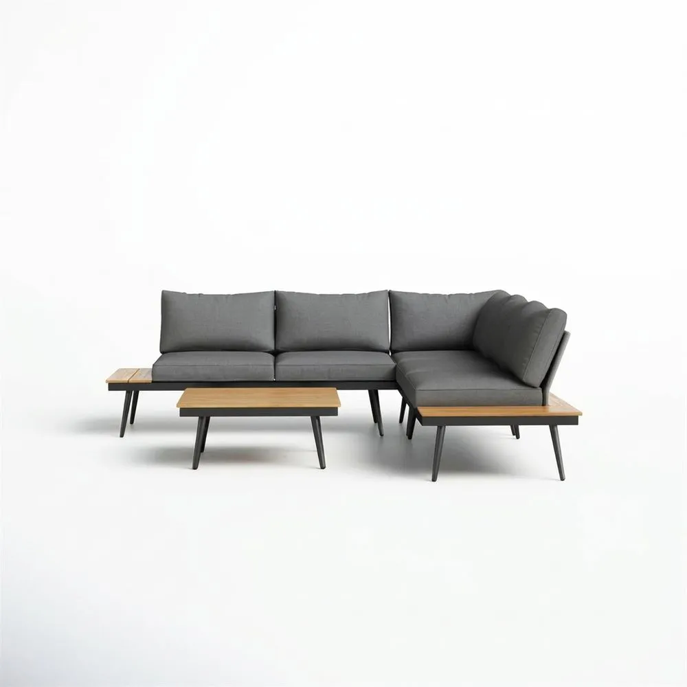 Sofá seccional en L de tela poliéster gris con mesa auxiliar y mesita