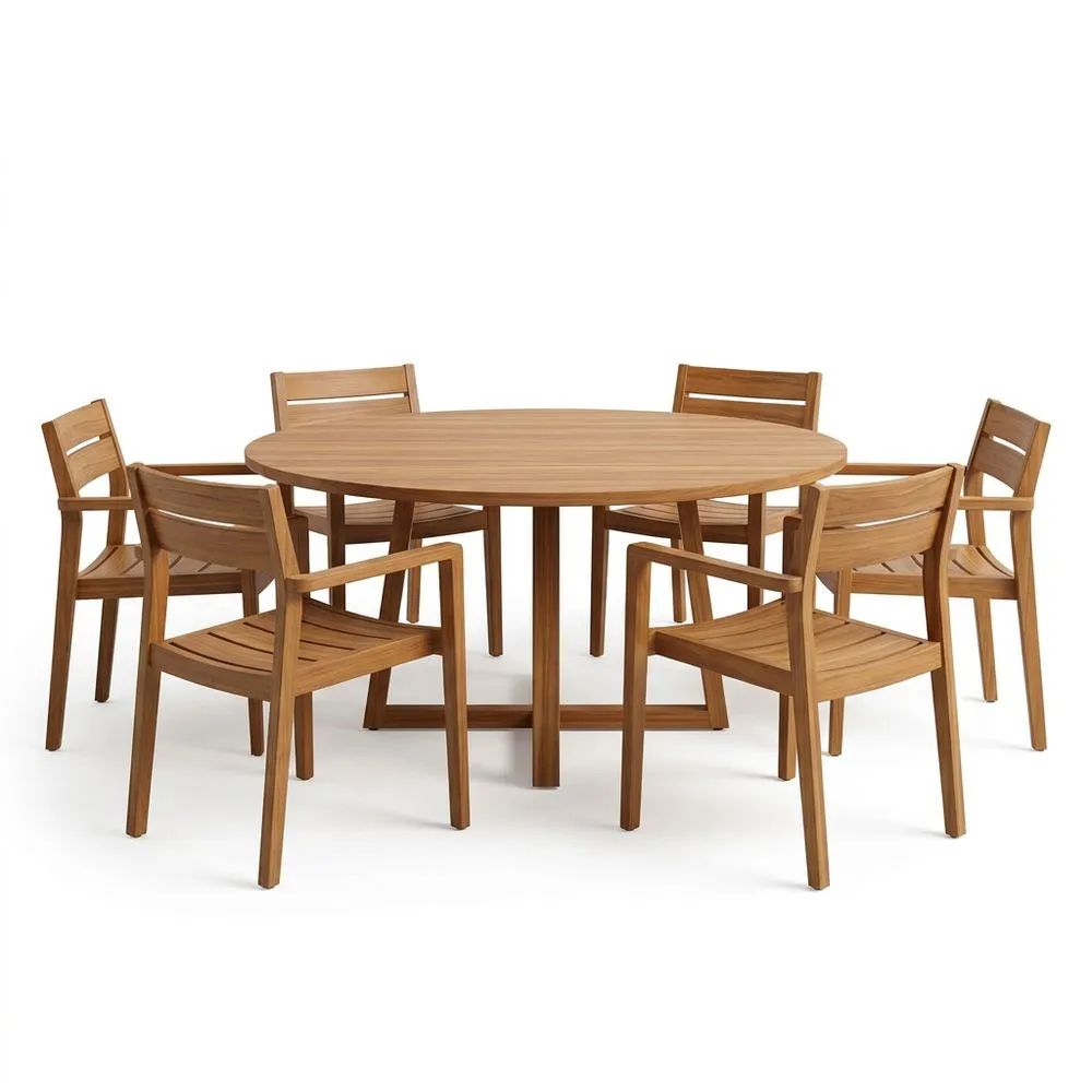 Conjunto de comedor de madera de teca con mesa redonda y 6 sillas