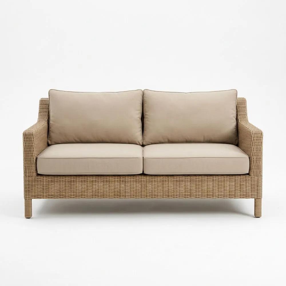 Sofá de Ratán Sintético Beige Cojines Desenfundables 3 Plazas