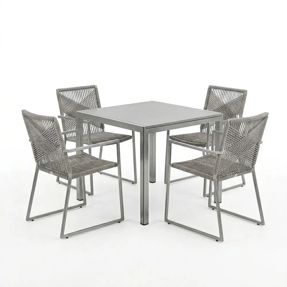 Mesa Cuadrada de Aluminio con 4 Sillas de Cuerda Sintética Gris