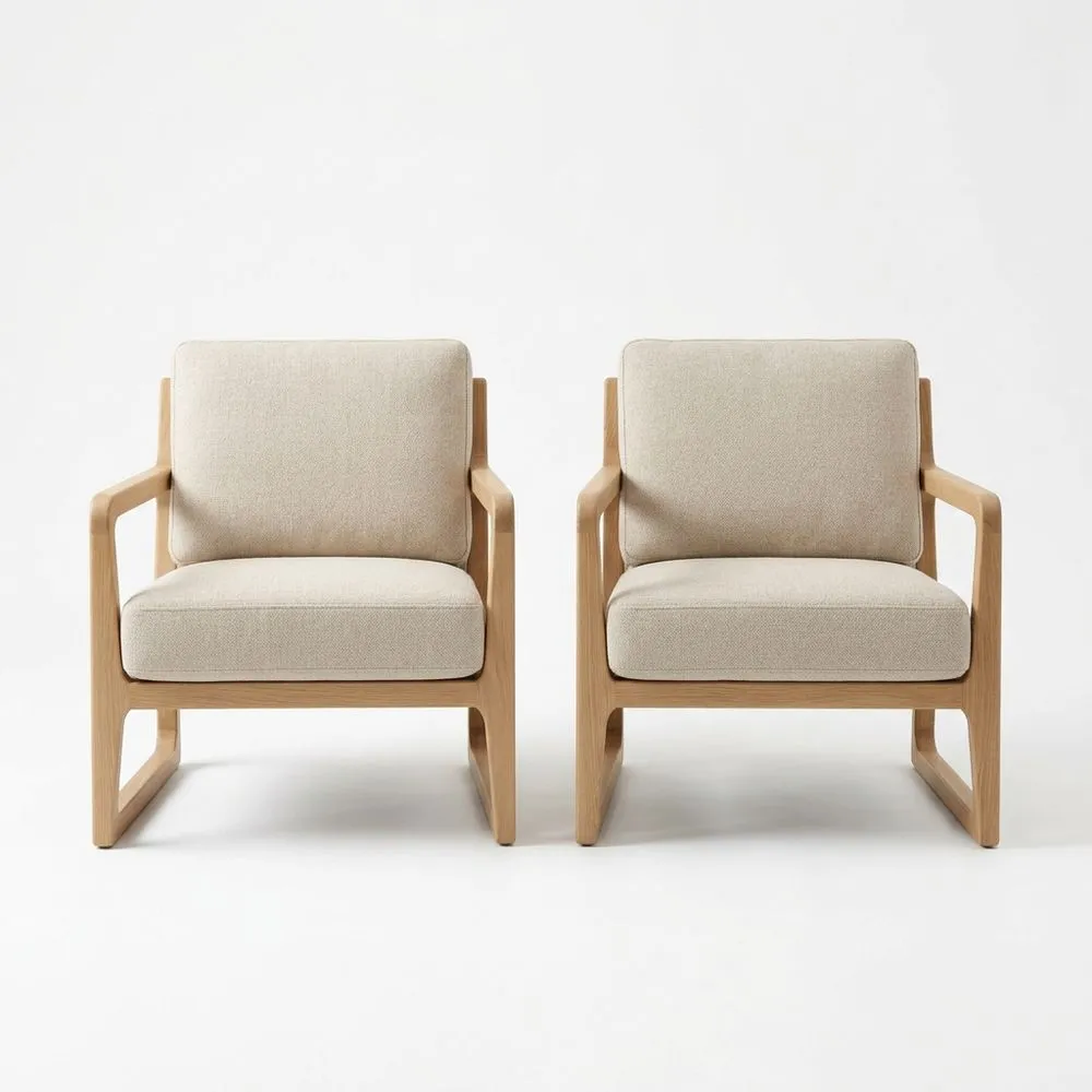 Conjunto de Sillones de Roble y Tela de Poliéster Beige