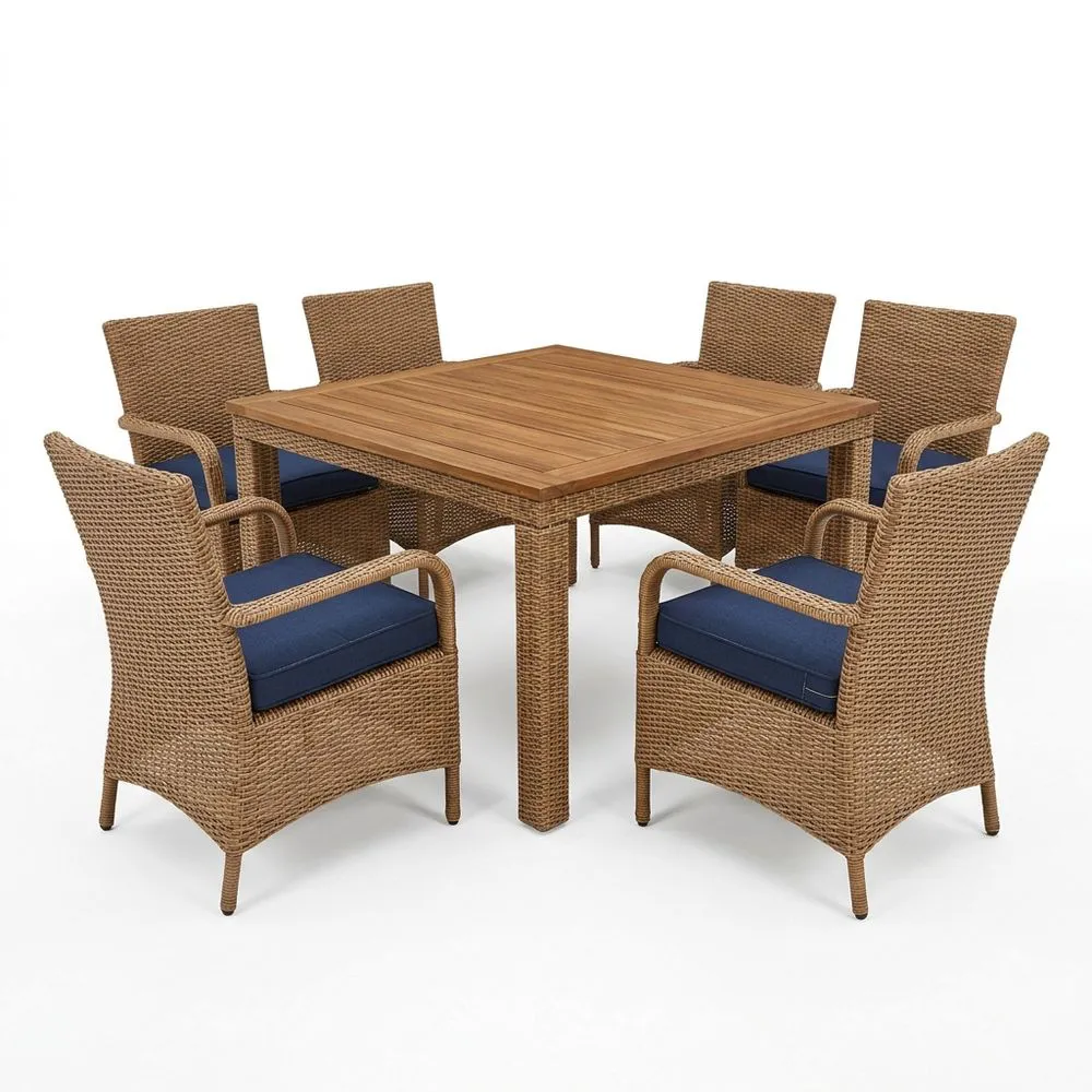Juego de comedor exterior 7 piezas mimbre sintético mesa madera cojines azul