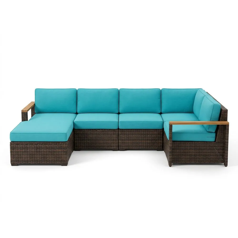 Sofá modular de ratán sintético con cojines azules 5 piezas