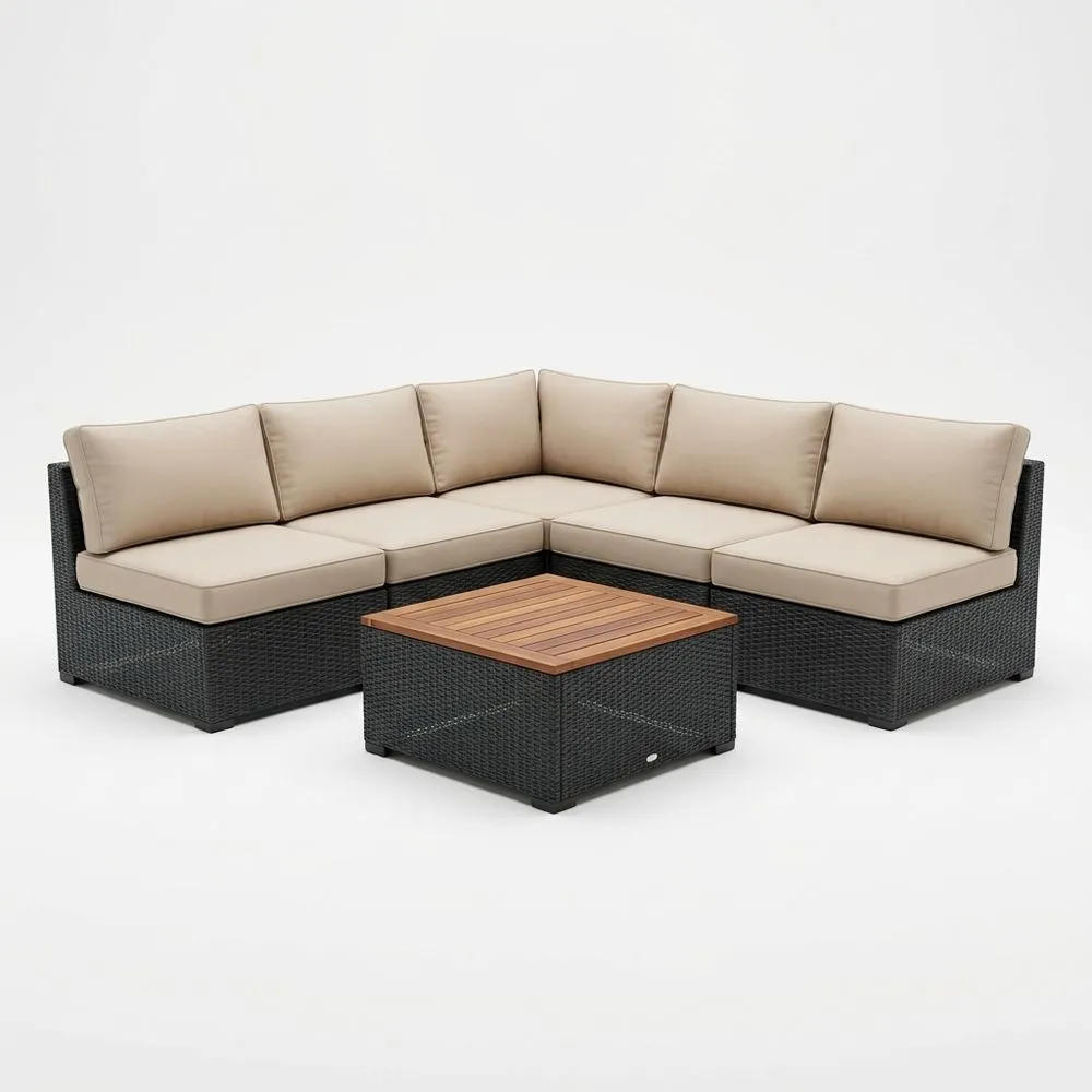 Conjunto de Sofá Esquinero de Ratán Sintético Negro con Cojines Beige y Mesa Centro de Madera 210x210x65 cm(largo x ancho x alto).