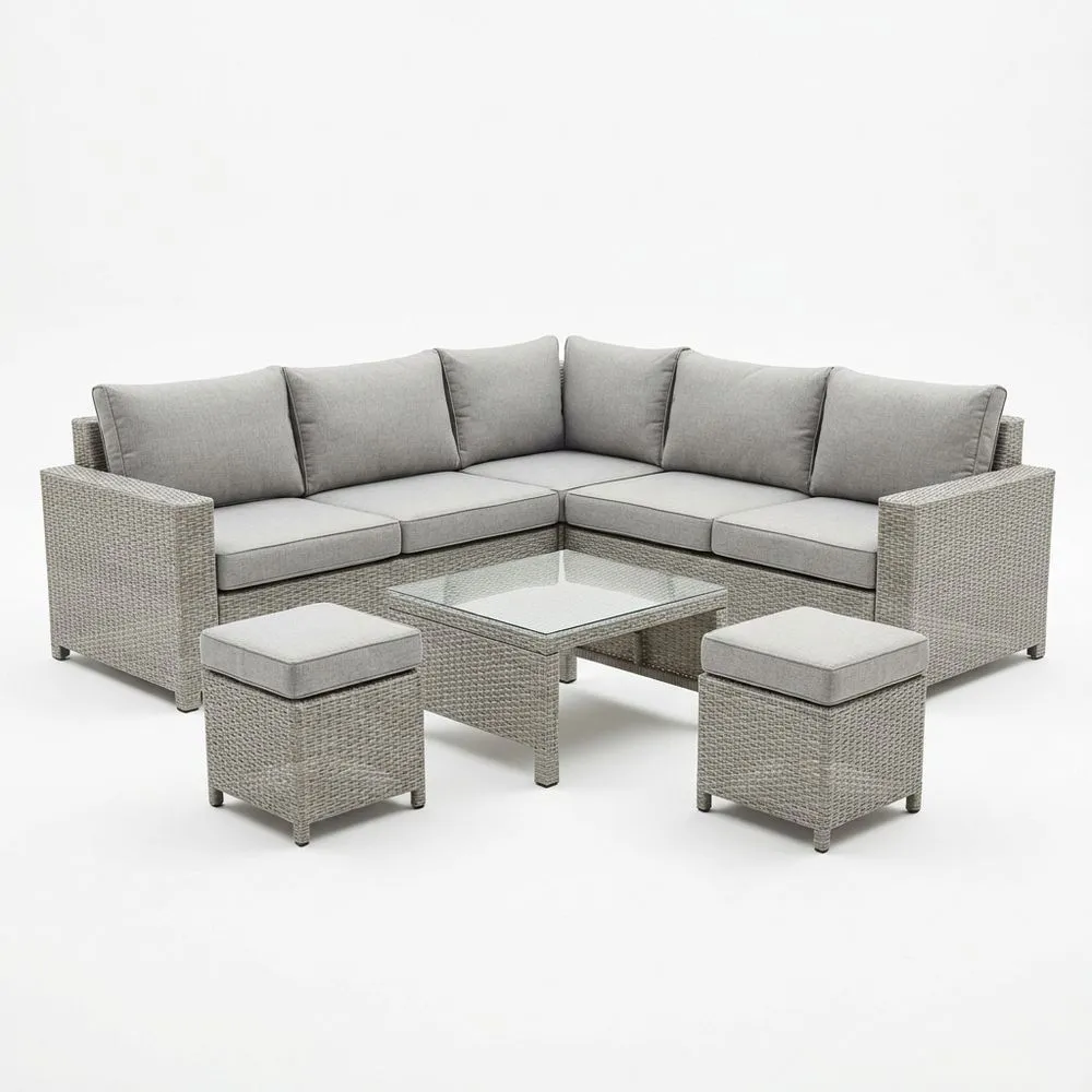 Conjunto de muebles de jardín en L de ratán sintético gris con cojines y mesa de vidrio templado