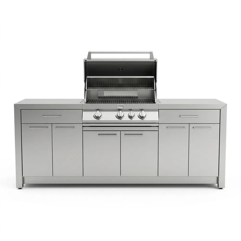 Parrilla de Gas de Acero Inoxidable con 4 quemadores integrados 240x120x60 cm (largo x ancho x alto)