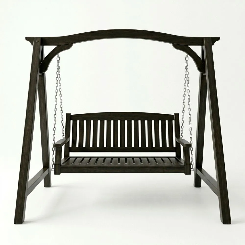 Columpio de madera de roble oscuro con cadenas de acero