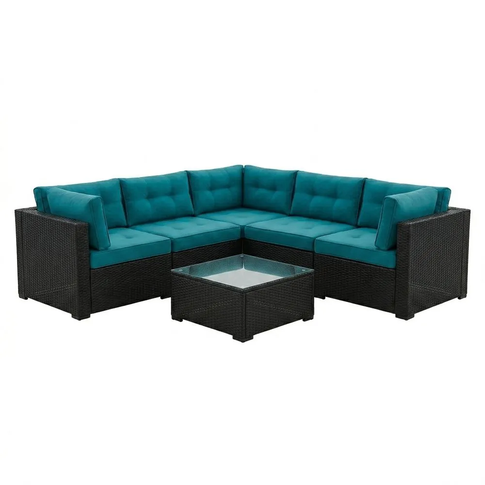 Conjunto de Sofá Esquinero de Ratán Sintético Azul con Mesa de Vidrio