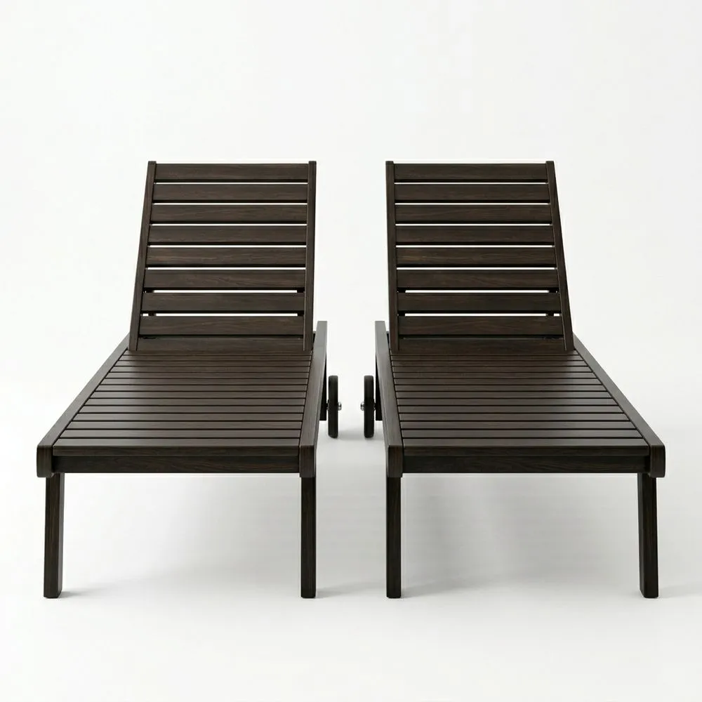 Juego de dos tumbonas de roble oscura con ruedas