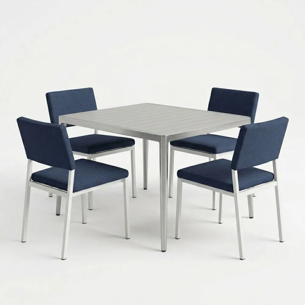 Juego de mesa y sillas de aluminio 4 plazas con asiento de tela azul