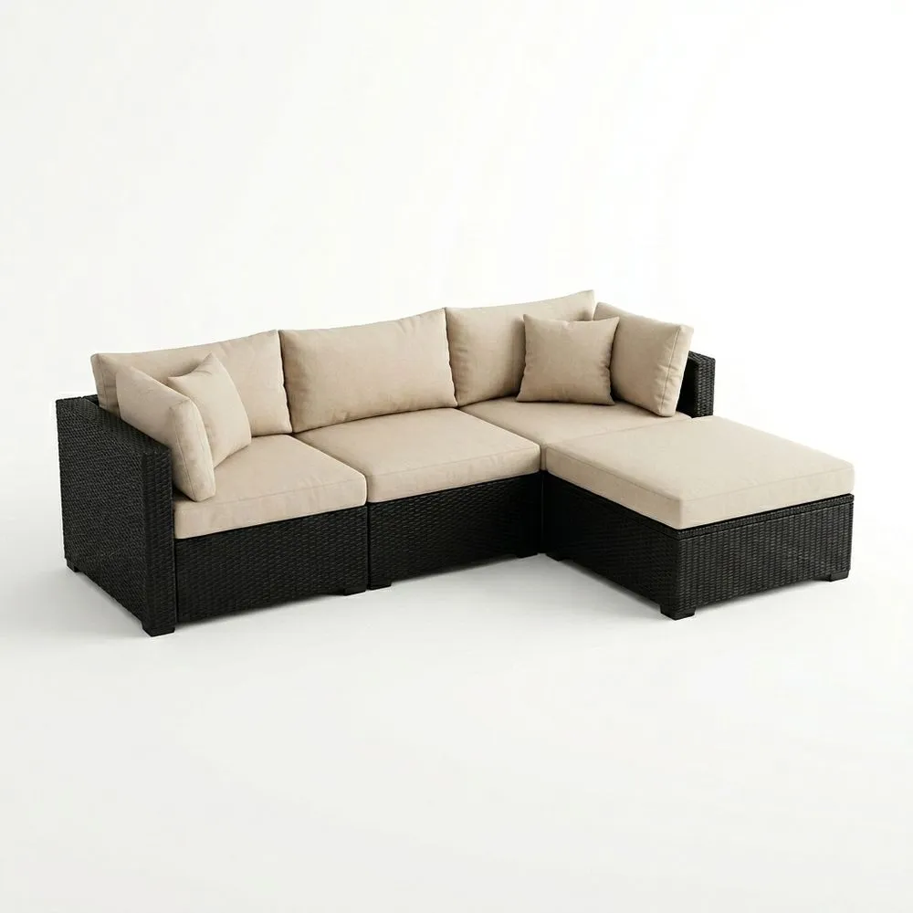 Sofá Seccional en Forma de L de Ratán Negro con Cojines Beige