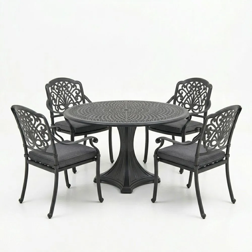 Conjunto de Mesa y Cuatro Sillas de Aluminio Fundido Negro 107 cm (diámetro)