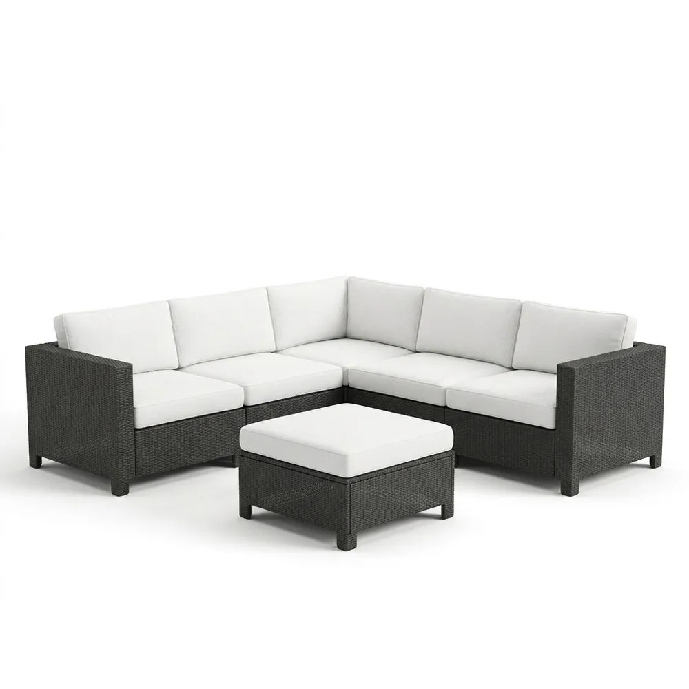 Conjunto sofá seccional de ratán sintético negro cojines blancos para exterior 250 cm