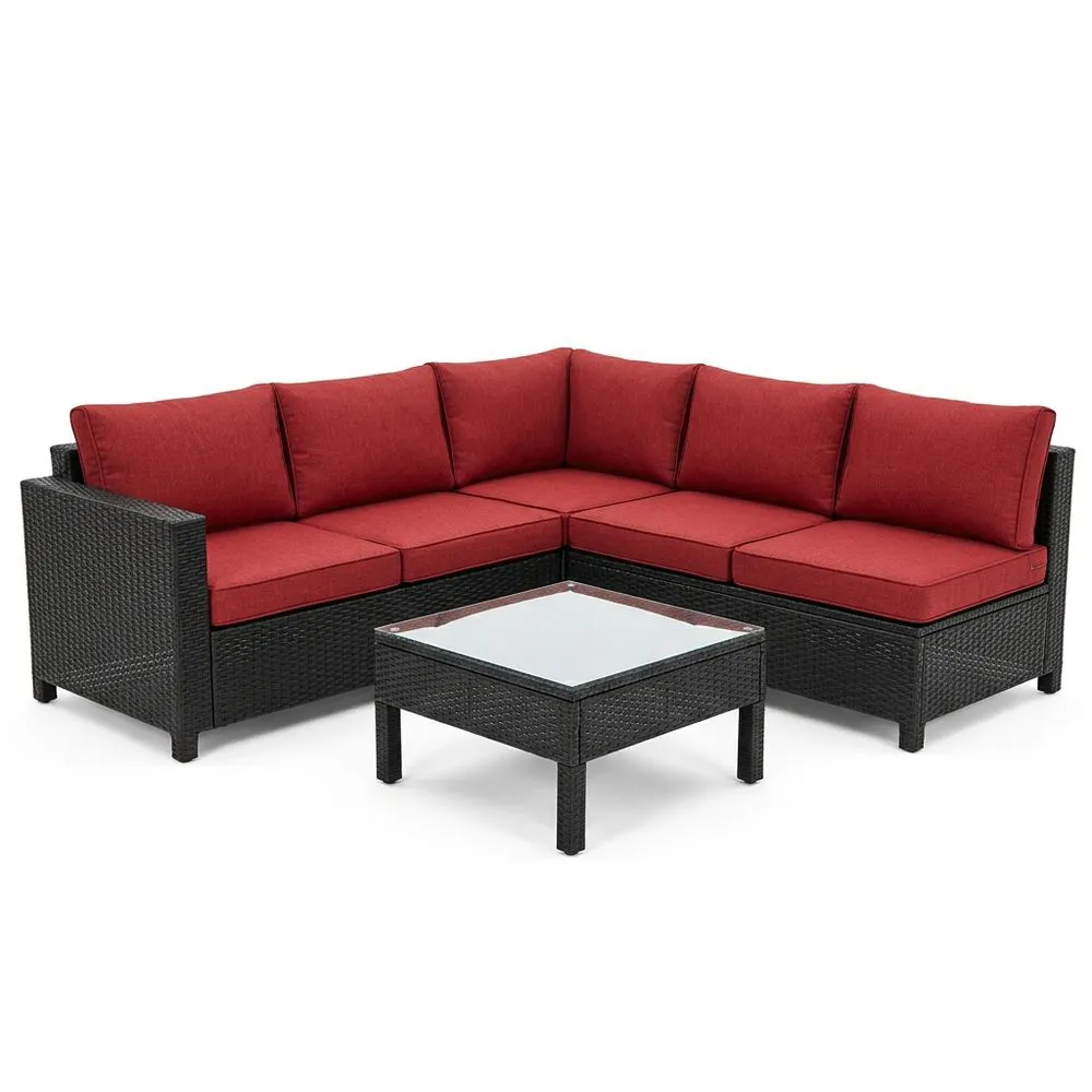 Conjunto de Sofá Seccional de Ratán Sintético Rojo y Negro con Mesa de Vidrio