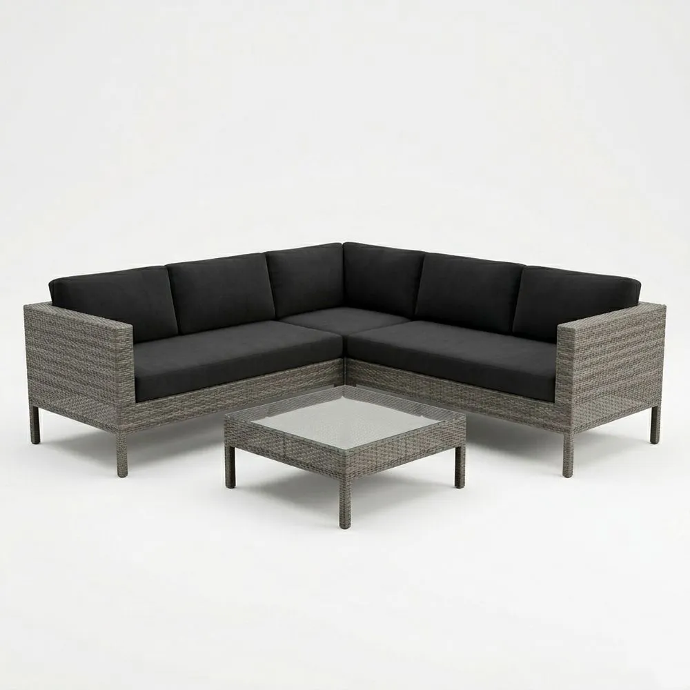 Conjunto de Sofá Seccional de Ratán Sintético Gris con Cojines Negros y Mesa de Vidrio