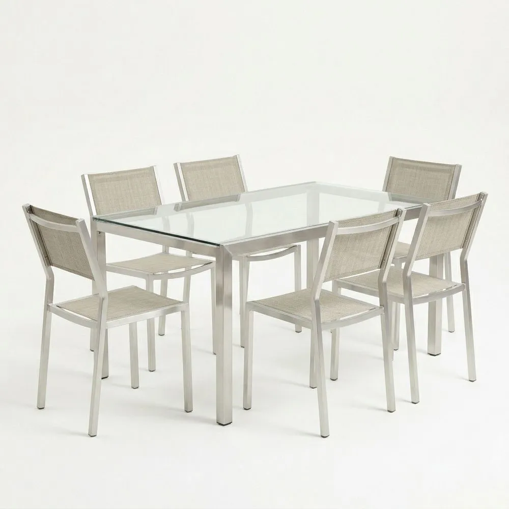 Conjunto de Mesa de Vidrio Templado con Sillas de Acero Inoxidable Beige