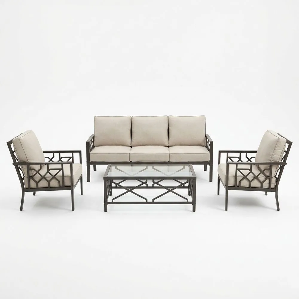 Conjunto de Terraza de Acero con Cojines Beige y Mesa de Vidrio Templado
