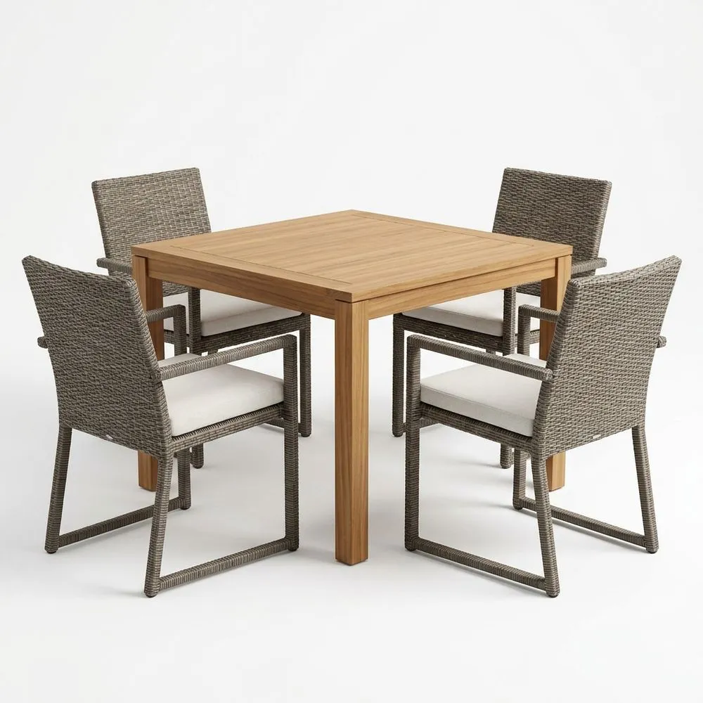 Juego de Comedor de Madera de Teca y Mimbre Sintético Gris