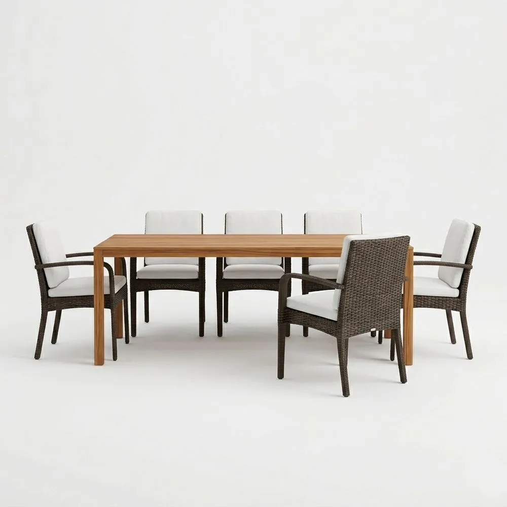 Juego de Comedor de Madera de Teca y Ratán Sintético Marrón con 6 Sillas