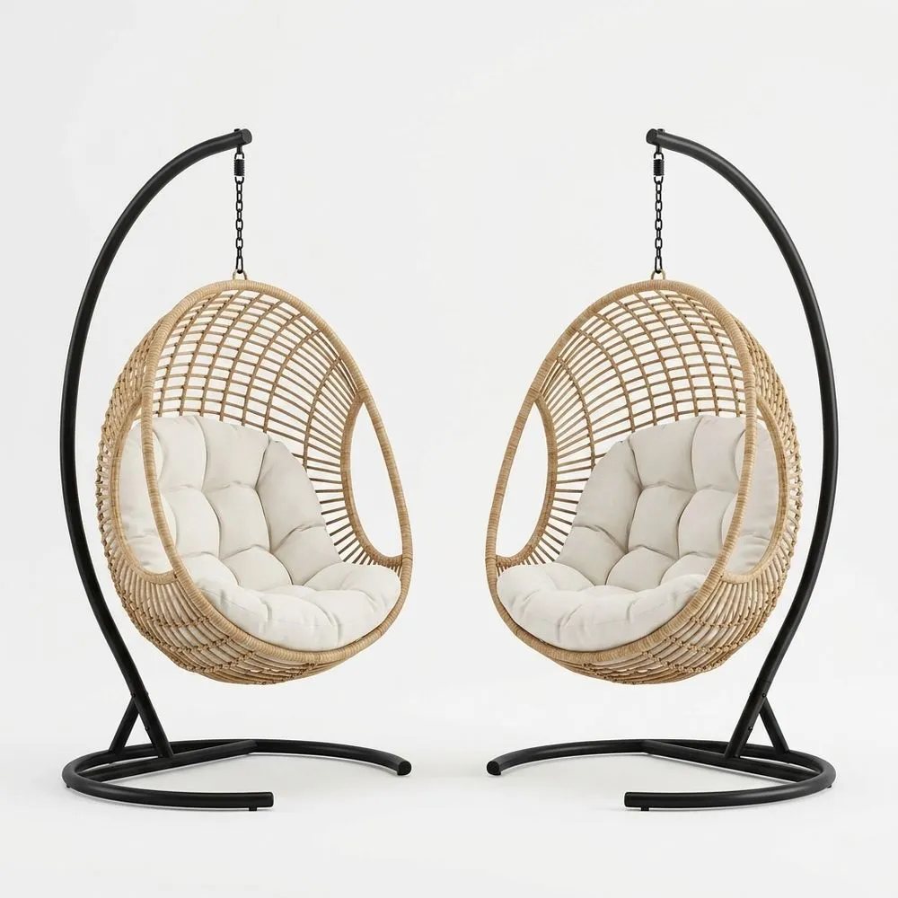 Sillones Colgantes de Ratán Sintético con Cojines Beige Juego Doble