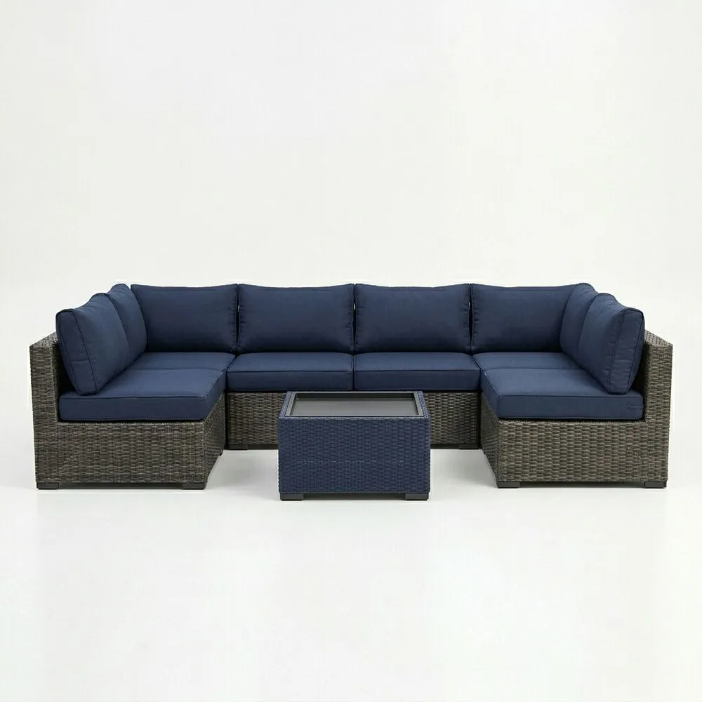 Conjunto de Sofá Modular de Ratán Sintético Azul con Mesa de Centro