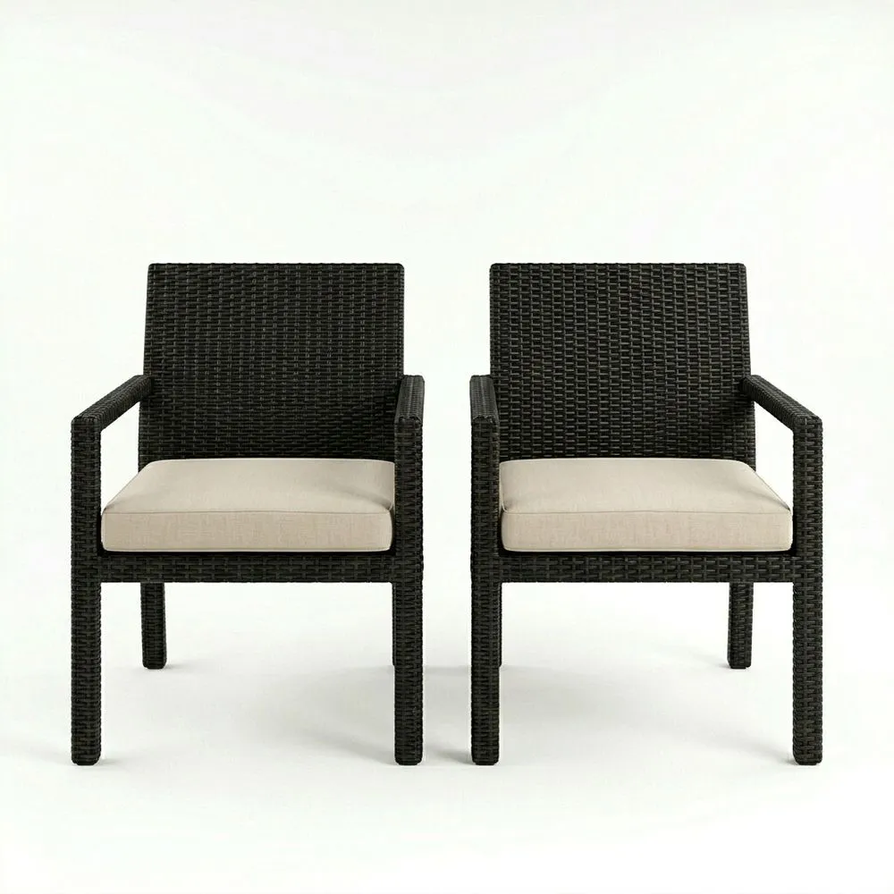 Conjunto de 2 sillas de ratán sintético negro con cojín beige